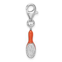 Amore La Vita Sterling Silver Rhodium-plated Polished 3-D Orange Enameled Hair Brush Charm with Fancy Lobster Clasp