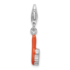 Amore La Vita Sterling Silver Rhodium-plated Polished 3-D Orange Enameled Hair Brush Charm with Fancy Lobster Clasp