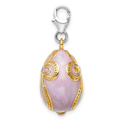 Amore La Vita Sterling Silver Rhodium-plated and Gold-plated Polished 3-D Crystal From Crystal Enameled Pink Egg with Cross Charm with Fancy Lobster Clasp