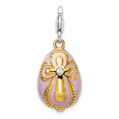 Amore La Vita Sterling Silver Rhodium-plated and Gold-plated Polished 3-D Crystal From Crystal Enameled Pink Egg with Cross Charm with Fancy Lobster Clasp
