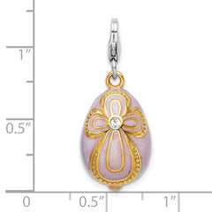 Amore La Vita Sterling Silver Rhodium-plated and Gold-plated Polished 3-D Crystal From Crystal Enameled Pink Egg with Cross Charm with Fancy Lobster Clasp