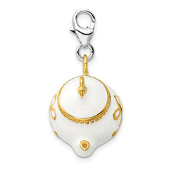 Amore La Vita Sterling Silver Rhodium-plated and Gold-plated Polished 3-D White Enameled Tea Pot Charm with Fancy Lobster Clasp