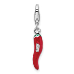 Amore La Vita Sterling Silver Rhodium-plated Polished 3-D Red Enameled Pepper Charm with Fancy Lobster Clasp