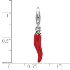 Amore La Vita Sterling Silver Rhodium-plated Polished 3-D Red Enameled Pepper Charm with Fancy Lobster Clasp
