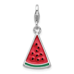Amore La Vita Sterling Silver Rhodium-plated Polished 3-D Enameled Watermelon Wedge Charm with Fancy Lobster Clasp