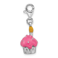 Amore La Vita Sterling Silver Rhodium-plated Polished 3-D Enameled Cupcake and Candle Charm with Fancy Lobster Clasp