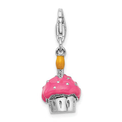 Amore La Vita Sterling Silver Rhodium-plated Polished 3-D Enameled Cupcake and Candle Charm with Fancy Lobster Clasp