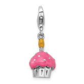 Amore La Vita Sterling Silver Rhodium-plated Polished 3-D Enameled Cupcake and Candle Charm with Fancy Lobster Clasp