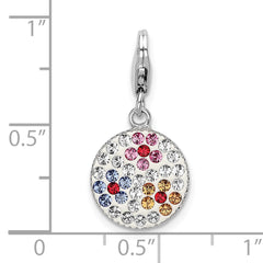 Amore La Vita Sterling Silver Rhodium-plated Polished Pink Red Blue White Yellow Crystal From Crystal Floral Pattern Disc Charm with Fancy Lobster Clasp