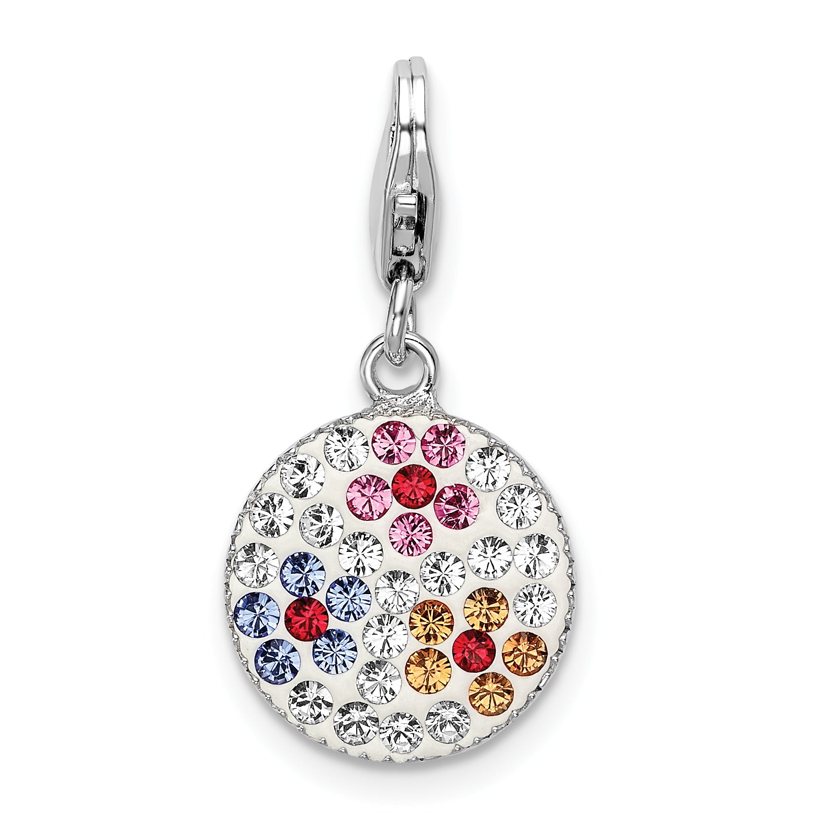 Amore La Vita Sterling Silver Rhodium-plated Polished Pink Red Blue White Yellow Crystal From Swarovski Floral Pattern Disc Charm with Fancy Lobster Clasp