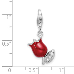 Amore La Vita Sterling Silver Rhodium-plated Polished CZ Red Enameled Tulip Flower Charm with Fancy Lobster Clasp