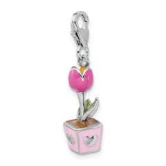 Amore La Vita Sterling Silver Rhodium-plated Polished 3-D Pink Enameled Potted Tulip Charm with Fancy Lobster Clasp