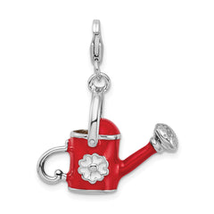 Amore La Vita Sterling Silver Rhodium-plated Polished 3-D Enameled Red Watering Can Charm with Fancy Lobster Clasp