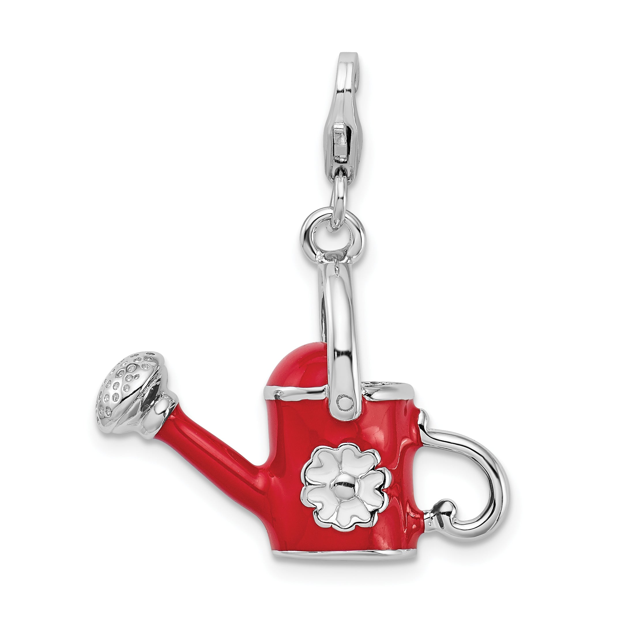 Amore La Vita Sterling Silver Rhodium-plated Polished 3-D Enameled Red Watering Can Charm with Fancy Lobster Clasp