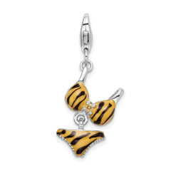 Amore La Vita Sterling Silver Rhodium-plated Polished 3-D CZ Enameled Tiger Bikini Pendant