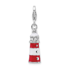 Amore La Vita Sterling Silver Rhodium-plated Polished 3-D Red Enameled Crystal Lighthouse Charm with Fancy Lobster Clasp
