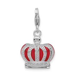 Amore La Vita Sterling Silver Rhodium-plated Polished 3-D Crystal From Crystal and Red Enameled Crown Charm with Fancy Lobster Clasp