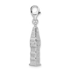 Amore La Vita Sterling Silver Rhodium-plated Polished 3-D Polished Clock Tower Charm with Fancy Lobster Clasp