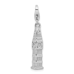Amore La Vita Sterling Silver Rhodium-plated Polished 3-D Polished Clock Tower Charm with Fancy Lobster Clasp