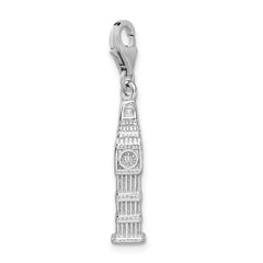 Amore La Vita Sterling Silver Rhodium-plated Polished 3-D Polished Clock Tower Charm with Fancy Lobster Clasp