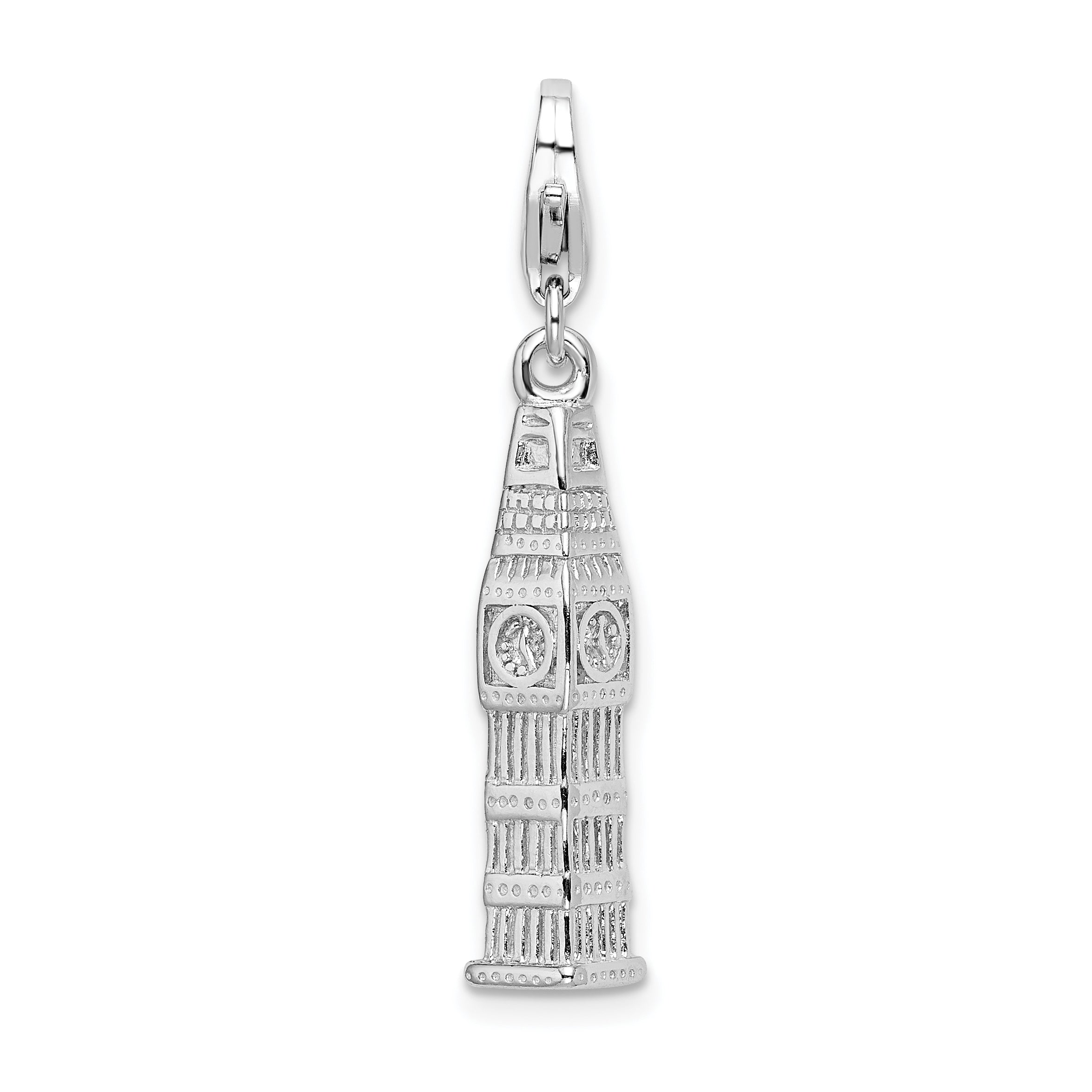 Amore La Vita Sterling Silver Rhodium-plated Polished 3-D Polished Clock Tower Charm with Fancy Lobster Clasp