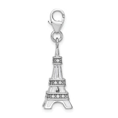 Amore La Vita Sterling Silver Rhodium-plated Polished 3-D Enameled Crystal From Crystal Eiffel Tower Charm with Fancy Lobster Clasp