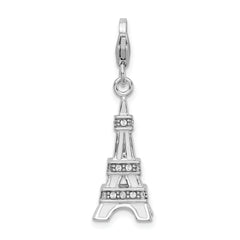 Amore La Vita Sterling Silver Rhodium-plated Polished 3-D Enameled Crystal From Crystal Eiffel Tower Charm with Fancy Lobster Clasp