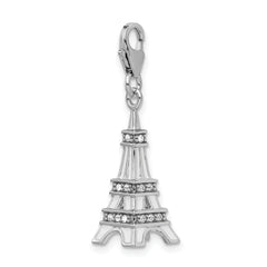 Amore La Vita Sterling Silver Rhodium-plated Polished 3-D Enameled Crystal From Crystal Eiffel Tower Charm with Fancy Lobster Clasp