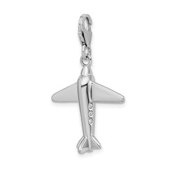 Amore La Vita Sterling Silver Rhodium-plated Polished 3-D Crystal From Crystal Airplane Charm with Fancy Lobster Clasp