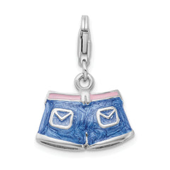 Amore La Vita Sterling Silver Rhodium-plated Polished 3-D Enameled Blue Jean Shorts Charm with Fancy Lobster Clasp