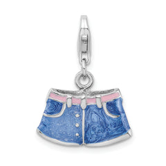 Amore La Vita Sterling Silver Rhodium-plated Polished 3-D Enameled Blue Jean Shorts Charm with Fancy Lobster Clasp