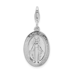 Amore La Vita Sterling Silver Rhodium-plated Polished Miraculous Medal Charm with Fancy Lobster Clasp