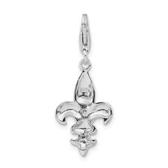 Sterling Silver CZ Polished Fleur de Lis with w/Lobster Clasp Charm