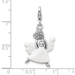 Amore La Vita Sterling Silver Rhodium-plated Polished 3-D White Enameled Crystal From Crystal Angel Charm with Fancy Lobster Clasp