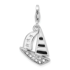 Amore La Vita Sterling Silver Rhodium-plated Polished 3-D Enameled Crystal Sailboat Charm with Fancy Lobster Clasp