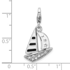 Amore La Vita Sterling Silver Rhodium-plated Polished 3-D Enameled Crystal Sailboat Charm with Fancy Lobster Clasp