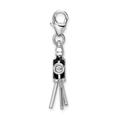 Amore La Vita Sterling Silver Rhodium-plated Polished 3-D Enameled Crystal Movie Camera Charm with Fancy Lobster Clasp