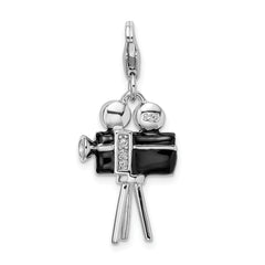 Amore La Vita Sterling Silver Rhodium-plated Polished 3-D Enameled Crystal Movie Camera Charm with Fancy Lobster Clasp