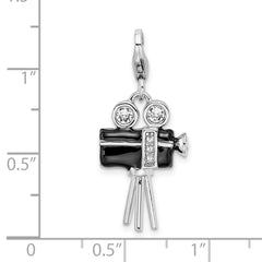 Amore La Vita Sterling Silver Rhodium-plated Polished 3-D Enameled Crystal Movie Camera Charm with Fancy Lobster Clasp