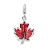 Amore La Vita Sterling Silver Rhodium-plated Polished 3-D Enameled Maple Leaf Charm with Fancy Lobster Clasp