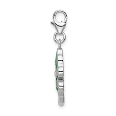 Amore La Vita Sterling Silver Rhodium-plated Polished 3-D Green Enameled 4 Leaf Clover and Clear Crystal From Crystal LOVE Charm with Fancy Lobster Clasp
