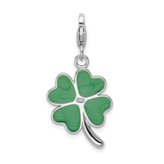 Amore La Vita Sterling Silver Rhodium-plated Polished 3-D Green Enameled 4 Leaf Clover and Clear Crystal From Crystal LOVE Charm with Fancy Lobster Clasp