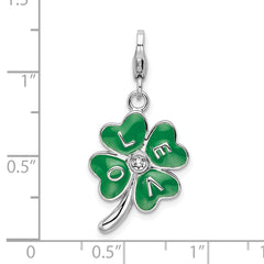Amore La Vita Sterling Silver Rhodium-plated Polished 3-D Green Enameled 4 Leaf Clover and Clear Crystal From Crystal LOVE Charm with Fancy Lobster Clasp