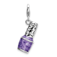 Amore La Vita Sterling Silver Rhodium-plated Polished 3-D Enameled Purple Nail Polish Bottle Charm with Fancy Lobster Clasp
