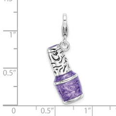 Amore La Vita Sterling Silver Rhodium-plated Polished 3-D Enameled Purple Nail Polish Bottle Charm with Fancy Lobster Clasp