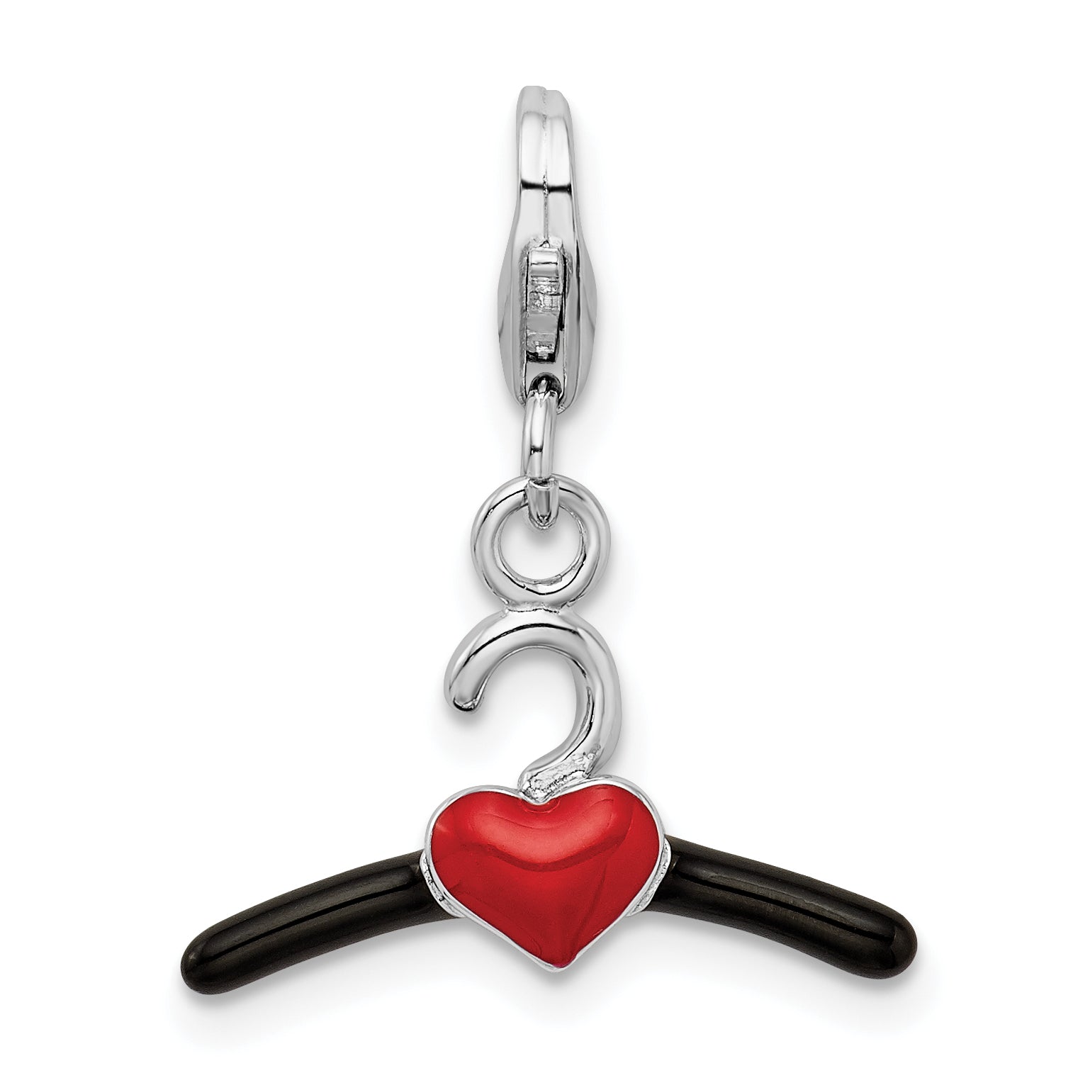 Amore La Vita Sterling Silver Rhodium-plated Polished 3-D Black and Red Enameled Heart Hanger Charm with Fancy Lobster Clasp