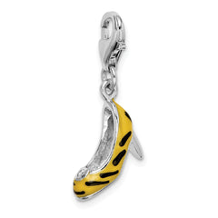 Amore La Vita Sterling Silver Rhodium-plated Polished 3-D CZ Enameled Tiger High Heel Charm with Fancy Lobster Clasp