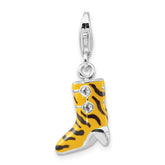 Sterling Silver 3-D Polished CZ Yellow/Black Enamel Tiger High Heel Boot w/ Lobster Clasp Charm