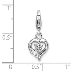 Amore La Vita Sterling Silver Rhodium-plated Polished CZ Heart Charm with Fancy Lobster Clasp