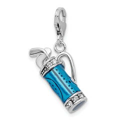 Amore La Vita Sterling Silver Rhodium-plated Polished 3-D Enameled Golf Bag and Clubs Charm with Fancy Lobster Clasp